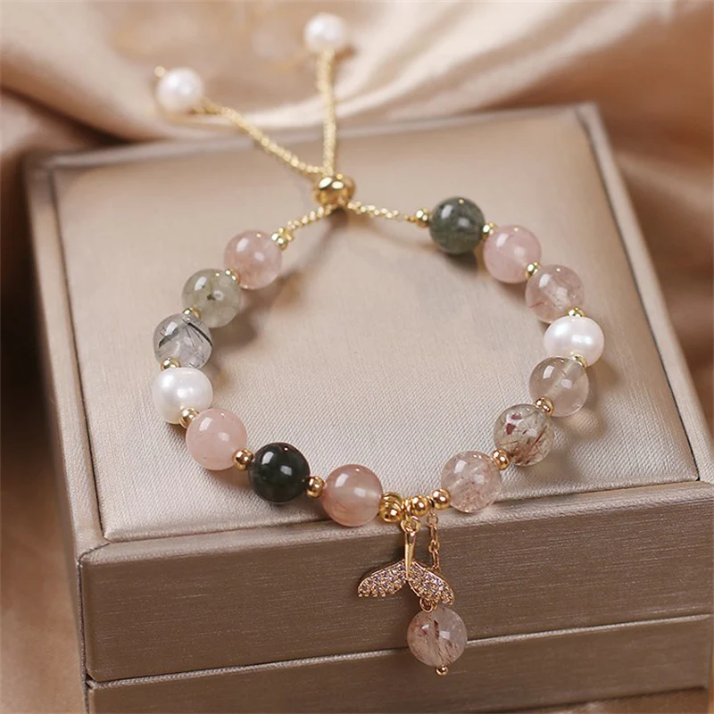 Braccialetto curativo con ciondolo a coda di pesce in quarzo rutilato e quarzo fragola Buddha Stones - Image 7