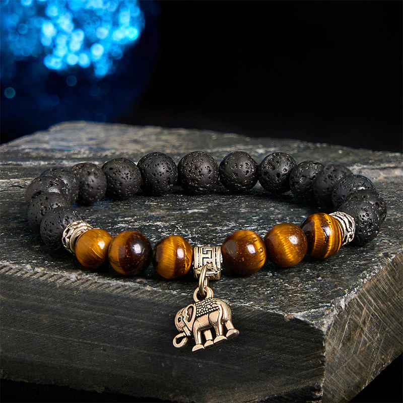Braccialetto curativo con motivo animale, perline di cristallo di rocca lavica nera Buddha Stones