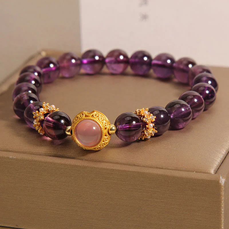 Braccialetto curativo con perle di quarzo fragola e ametista naturale Buddha Stones - Image 2