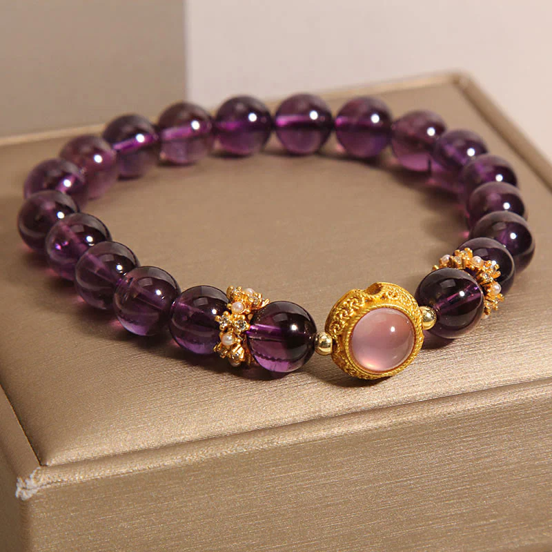 Braccialetto curativo con perle di quarzo fragola e ametista naturale Buddha Stones - Image 3