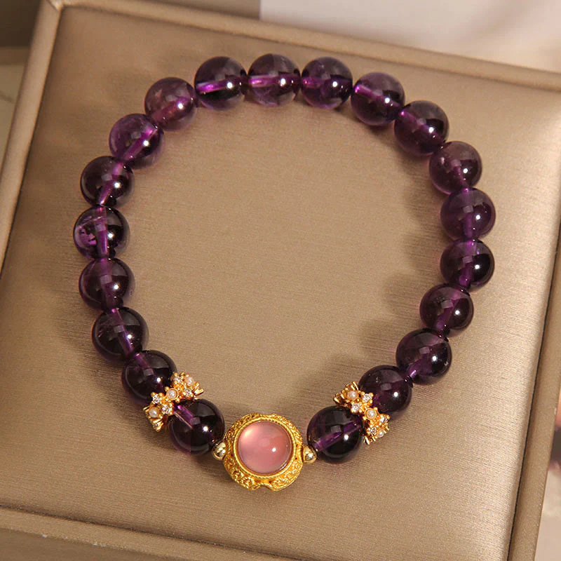 Braccialetto curativo con perle di quarzo fragola e ametista naturale Buddha Stones - Image 5