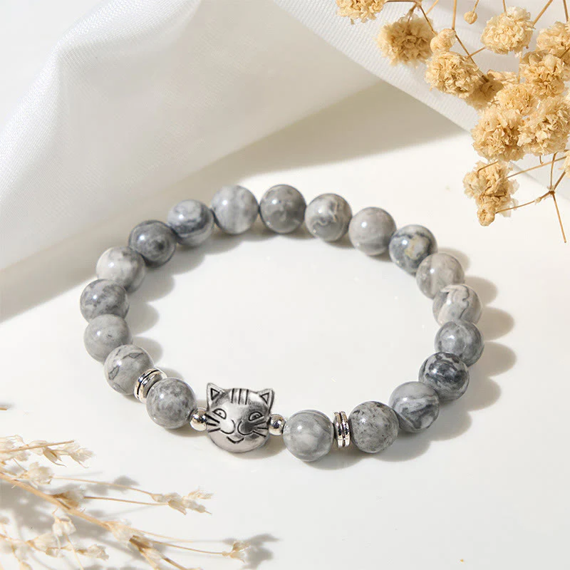 Braccialetto curativo con perline di diaspro grigio naturale a forma di gatto Buddha Stones