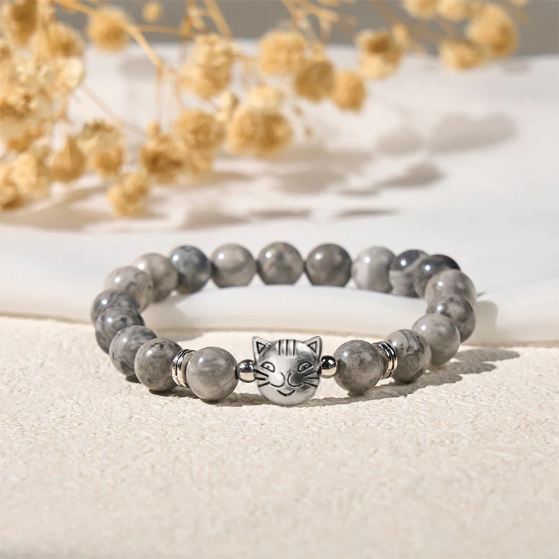 Braccialetto curativo con perline di diaspro grigio naturale a forma di gatto Buddha Stones - Image 2