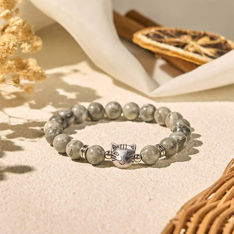Braccialetto curativo con perline di diaspro grigio naturale a forma di gatto Buddha Stones - Image 3