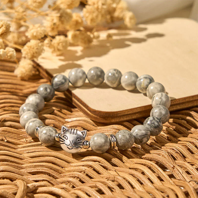 Braccialetto curativo con perline di diaspro grigio naturale a forma di gatto Buddha Stones - Image 4