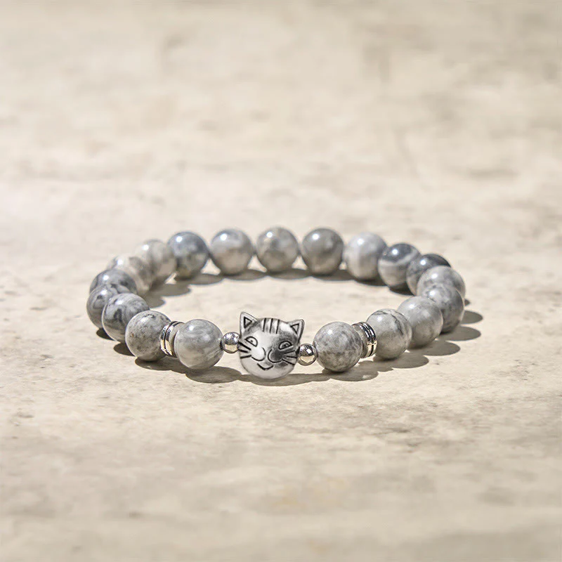 Braccialetto curativo con perline di diaspro grigio naturale a forma di gatto Buddha Stones - Image 5