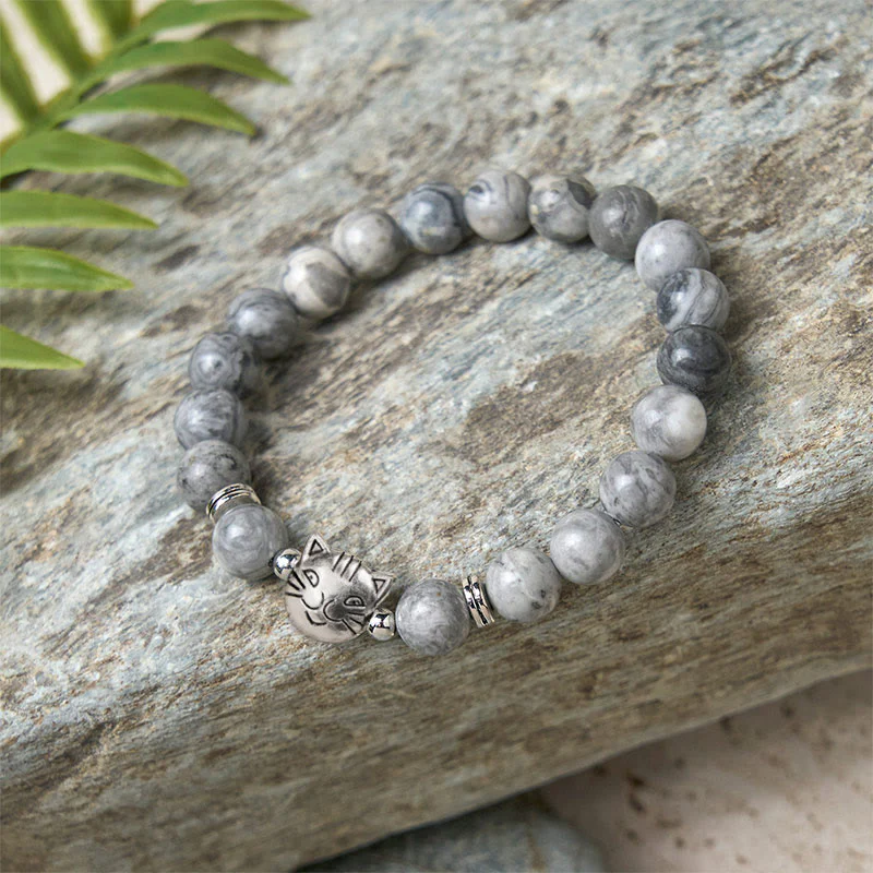 Braccialetto curativo con perline di diaspro grigio naturale a forma di gatto Buddha Stones - Image 6