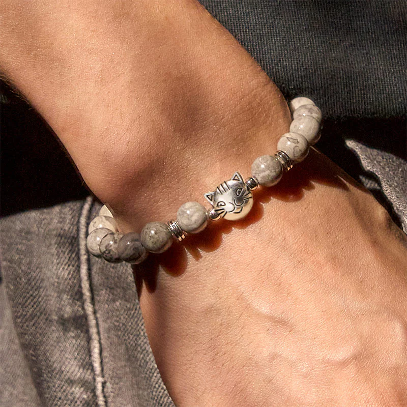 Braccialetto curativo con perline di diaspro grigio naturale a forma di gatto Buddha Stones - Image 7