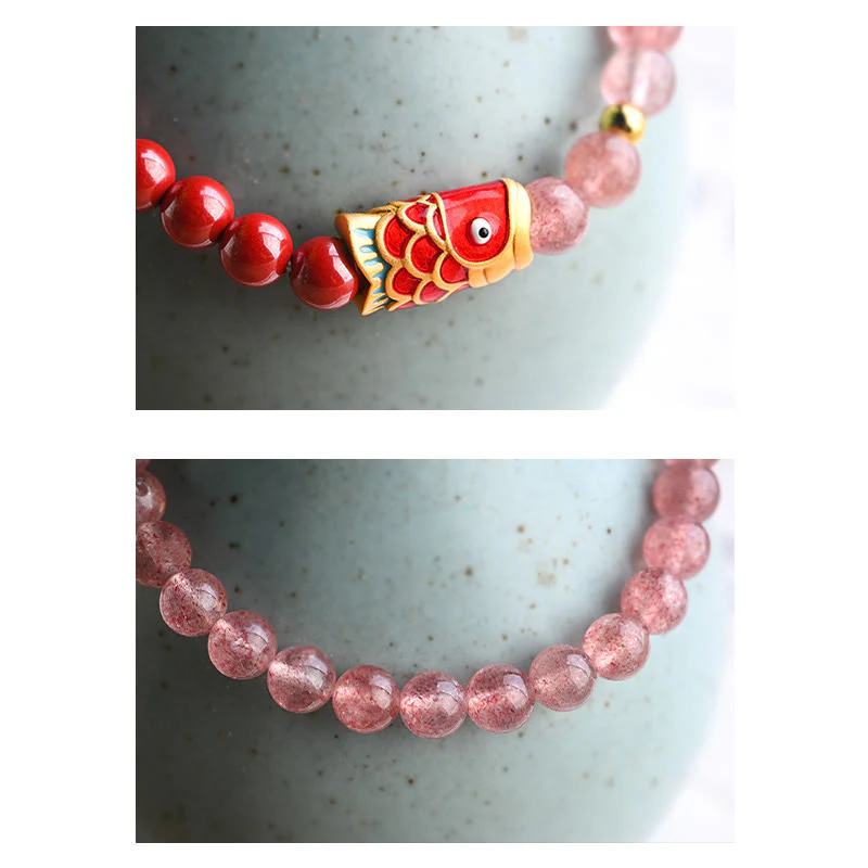 Braccialetto curativo con pesce koi portafortuna in quarzo fragola naturale cinabro Buddha Stones - Image 10