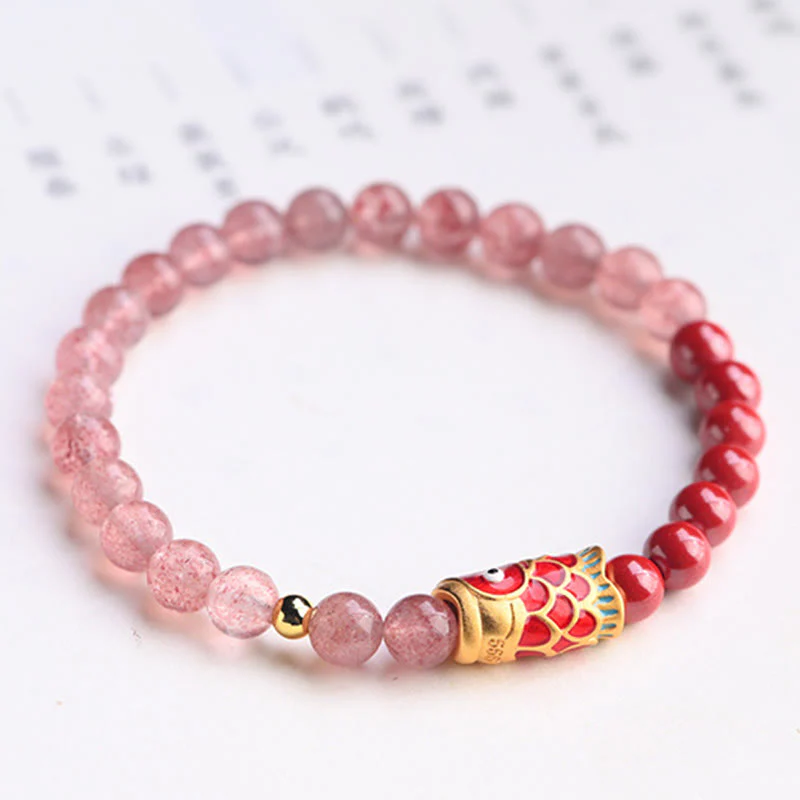 Braccialetto curativo con pesce koi portafortuna in quarzo fragola naturale cinabro Buddha Stones - Image 15