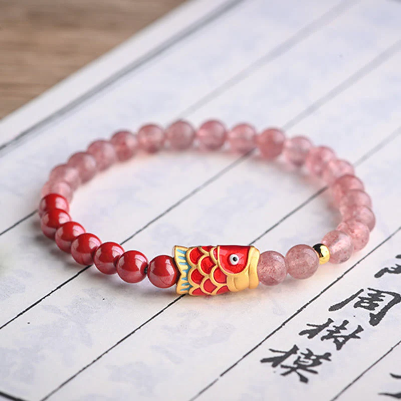 Braccialetto curativo con pesce koi portafortuna in quarzo fragola naturale cinabro Buddha Stones - Image 17