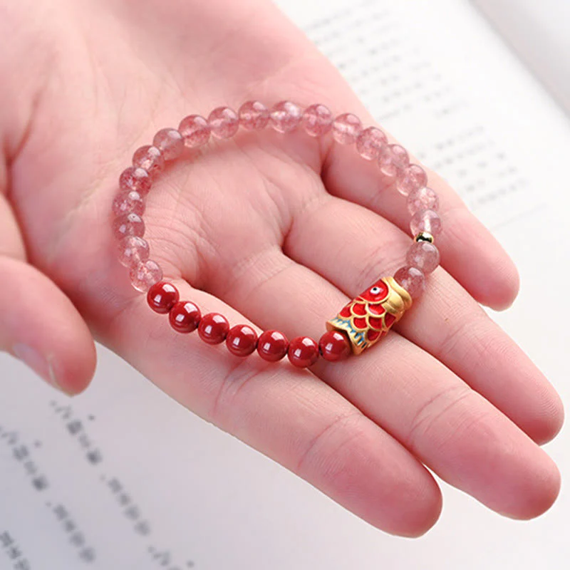 Braccialetto curativo con pesce koi portafortuna in quarzo fragola naturale cinabro Buddha Stones - Image 19