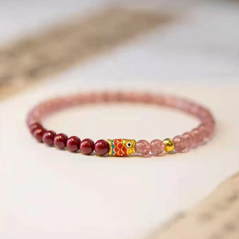 Braccialetto curativo con pesce koi portafortuna in quarzo fragola naturale cinabro Buddha Stones - Image 20