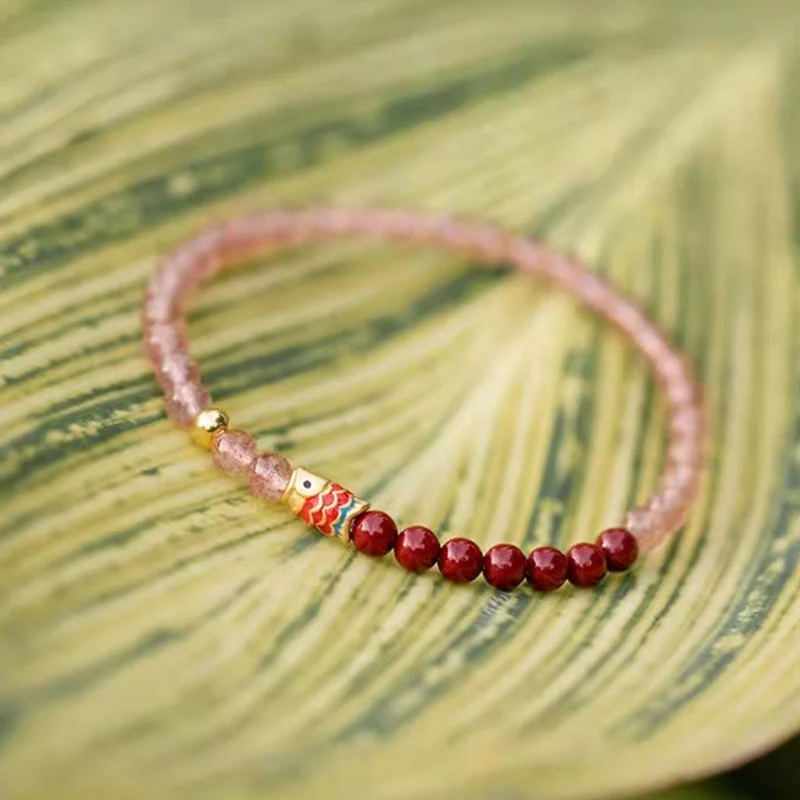 Braccialetto curativo con pesce koi portafortuna in quarzo fragola naturale cinabro Buddha Stones - Image 23