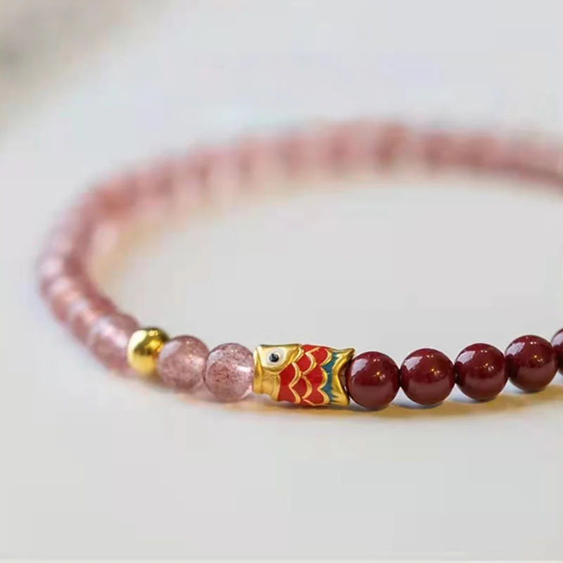 Braccialetto curativo con pesce koi portafortuna in quarzo fragola naturale cinabro Buddha Stones - Image 24