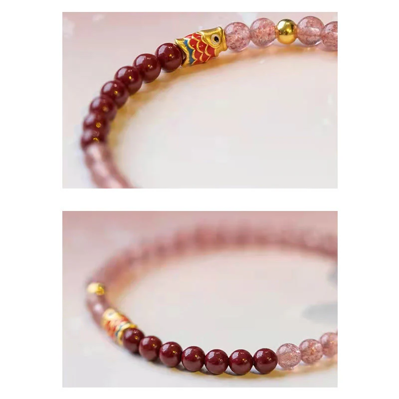 Braccialetto curativo con pesce koi portafortuna in quarzo fragola naturale cinabro Buddha Stones - Image 25
