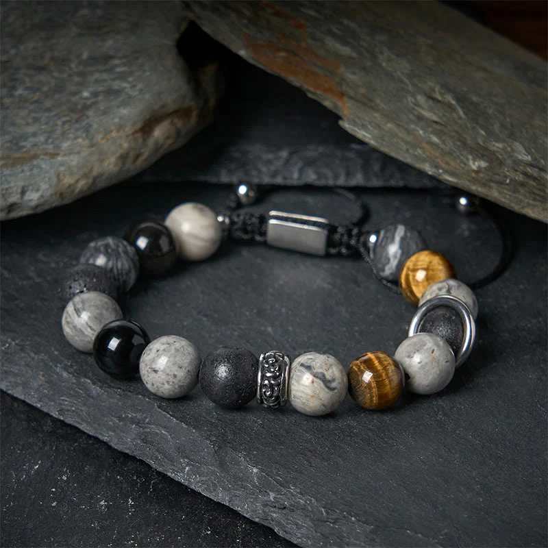 Braccialetto curativo in Buddha Stones diaspro grigio, pietra lavica, ossidiana lucida color argento, occhio di tigre