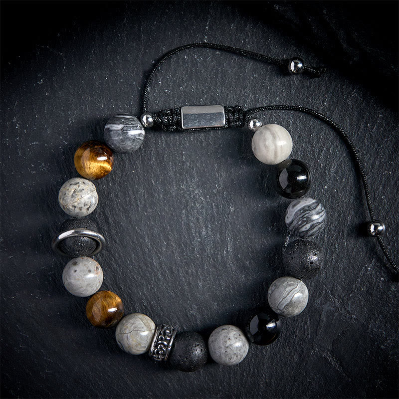 Braccialetto curativo in Buddha Stones diaspro grigio, pietra lavica, ossidiana lucida color argento, occhio di tigre - Image 2