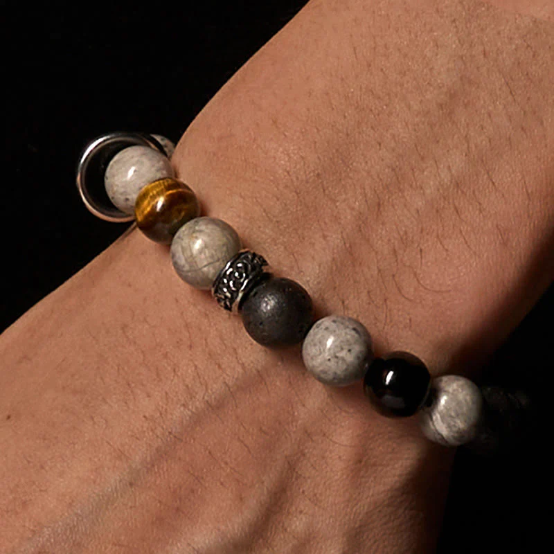 Braccialetto curativo in Buddha Stones diaspro grigio, pietra lavica, ossidiana lucida color argento, occhio di tigre - Image 3