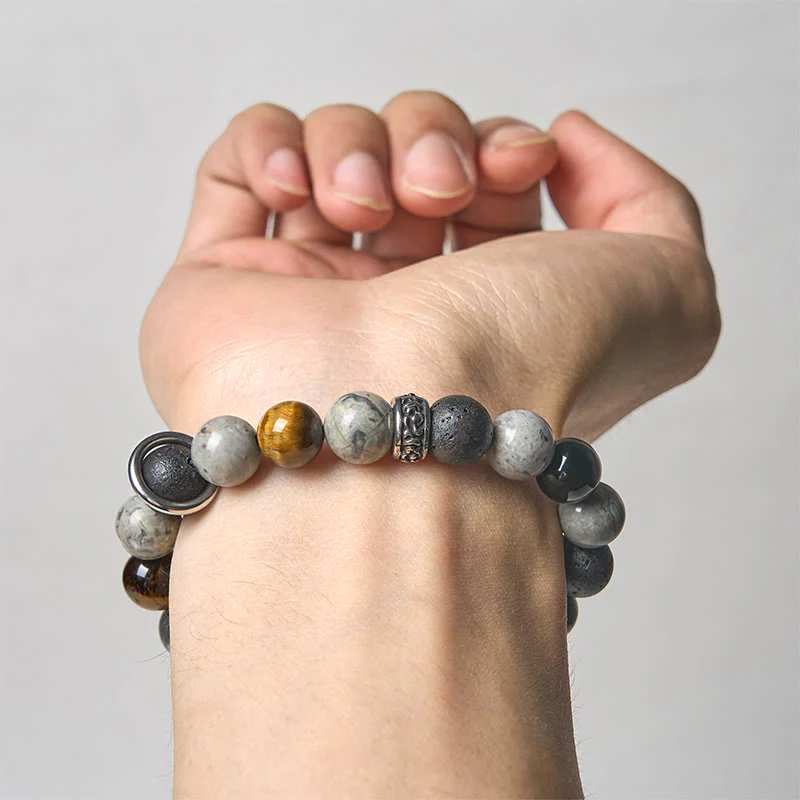 Braccialetto curativo in Buddha Stones diaspro grigio, pietra lavica, ossidiana lucida color argento, occhio di tigre - Image 4