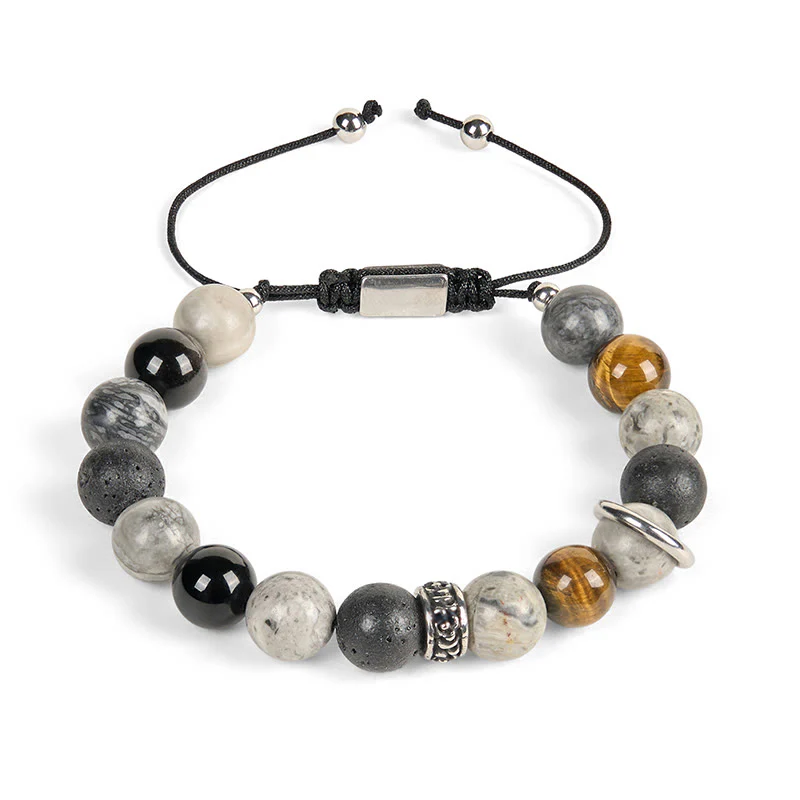 Braccialetto curativo in Buddha Stones diaspro grigio, pietra lavica, ossidiana lucida color argento, occhio di tigre - Image 5