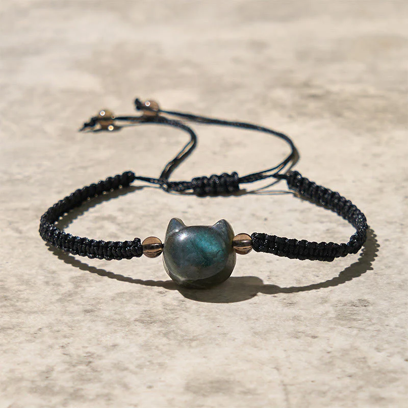 Braccialetto curativo in corda nera con testa di gatto e labradorite naturale Buddha Stones