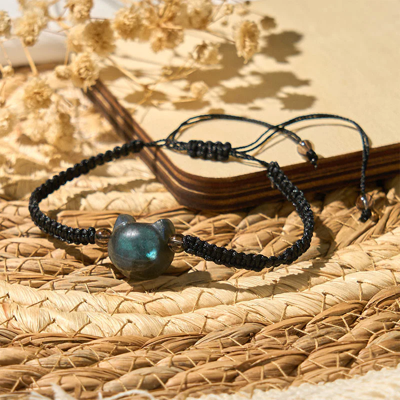 Braccialetto curativo in corda nera con testa di gatto e labradorite naturale Buddha Stones - Image 5