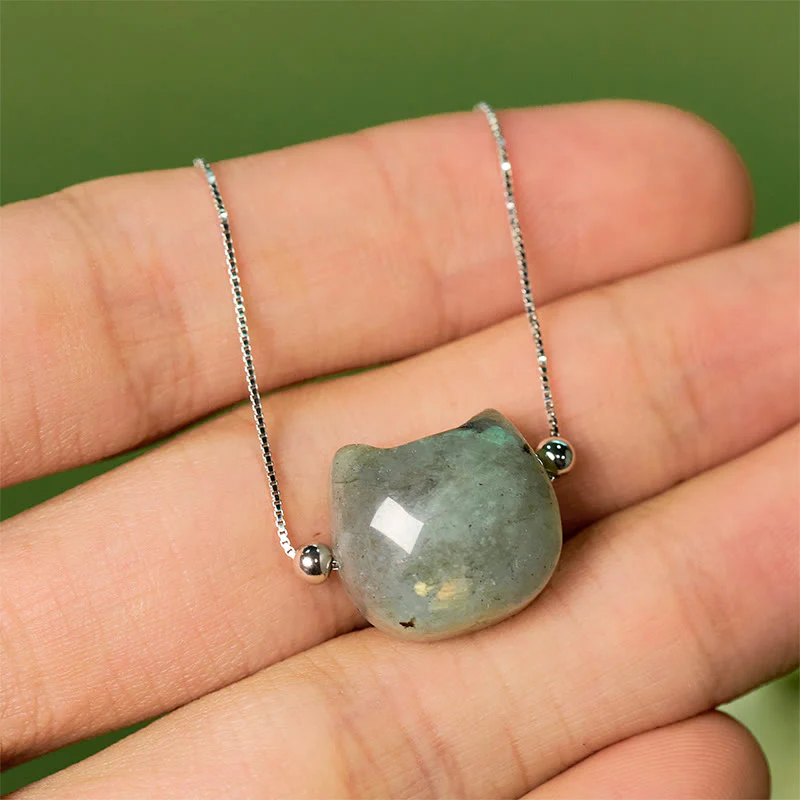 Braccialetto curativo in labradorite naturale con testa di gatto senza volto in argento sterling 925 Buddha Stones - Image 10