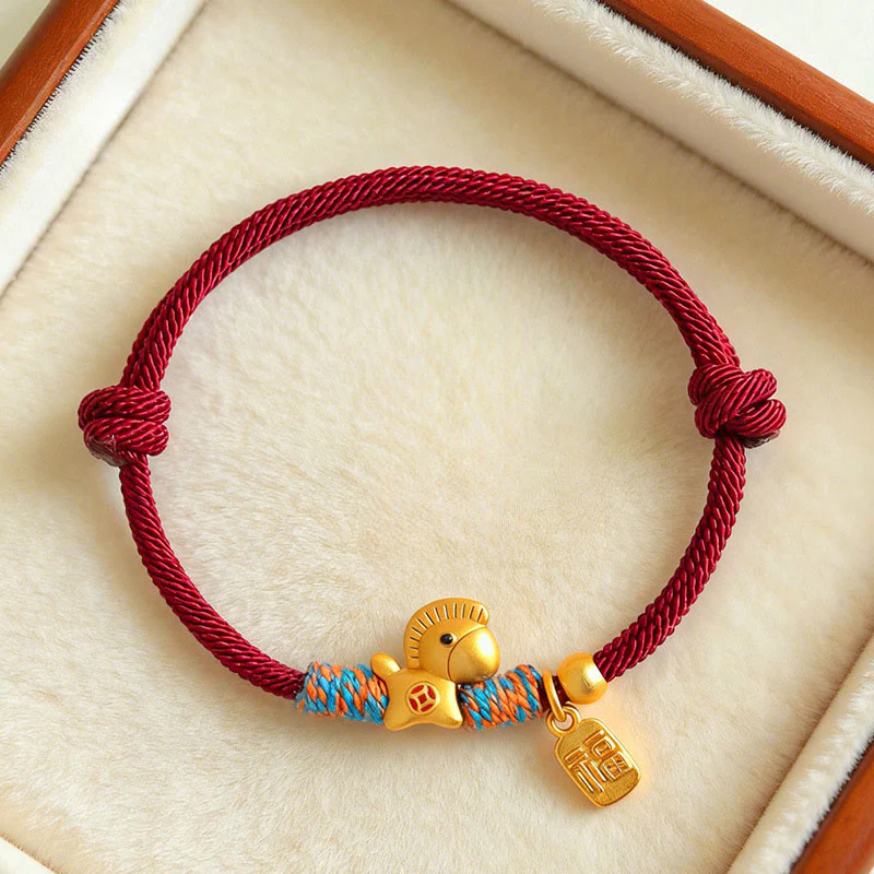 Braccialetto della fede con cordino intrecciato in argento sterling 999 con ciondolo a forma di personaggio Fu dell'anno del cavallo Buddha Stones