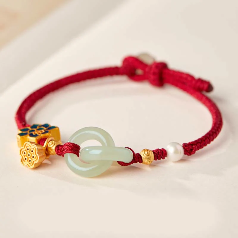 Braccialetto della fortuna con fibbia in corda intrecciata, giada Hetian , Buddha Stones, Lotus Peace