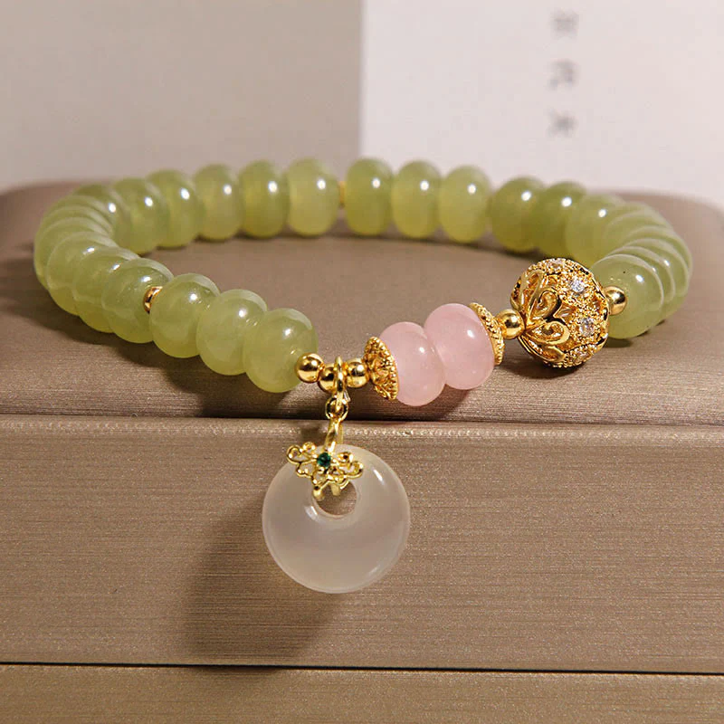 Braccialetto della fortuna con fibbia naturale in giada e quarzo rosa, Buddha Stones e significato della pace