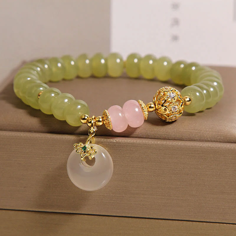 Braccialetto della fortuna con fibbia naturale in giada e quarzo rosa, Buddha Stones e significato della pace - Image 2