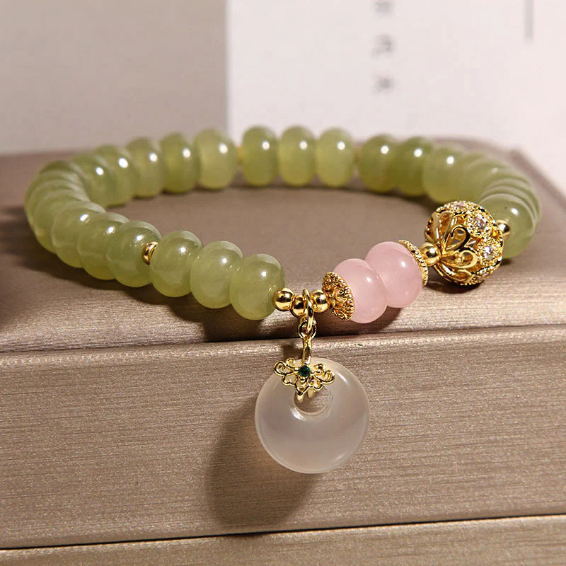 Braccialetto della fortuna con fibbia naturale in giada e quarzo rosa, Buddha Stones e significato della pace - Image 3