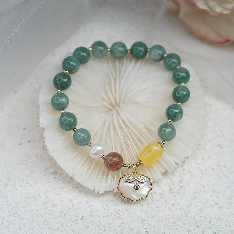 Braccialetto della fortuna con lucchetto Ruyi , Buddha Stones, giada e conchiglia