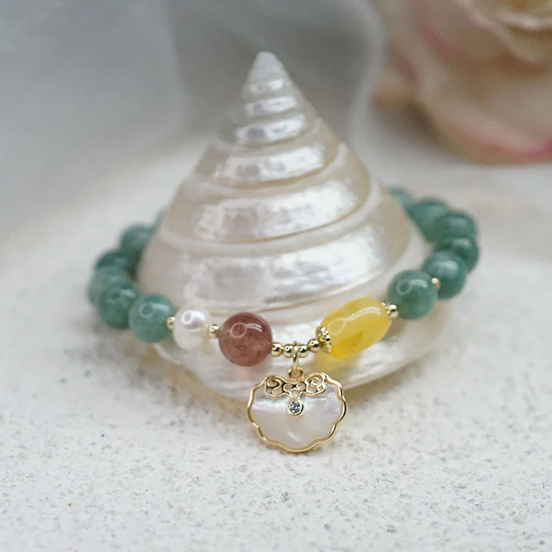 Braccialetto della fortuna con lucchetto Ruyi , Buddha Stones, giada e conchiglia - Image 2