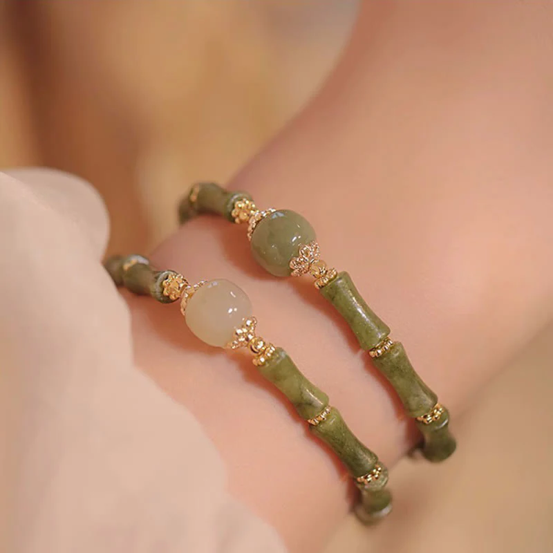 Braccialetto della fortuna con motivo di bambù in giada Hetian con peridoto placcato in rame 14K Buddha Stones