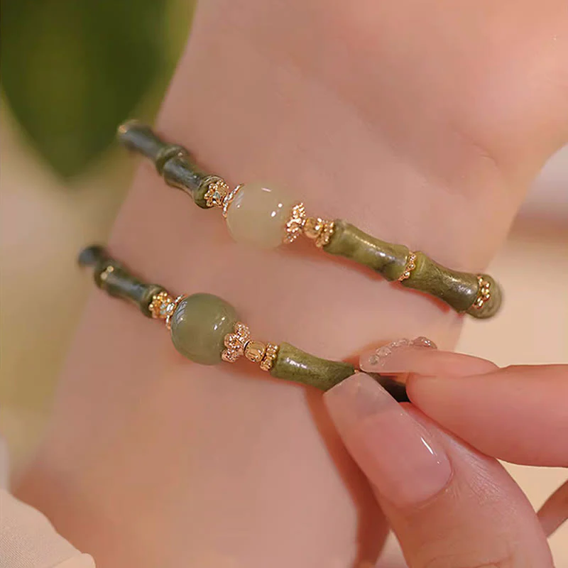 Braccialetto della fortuna con motivo di bambù in giada Hetian con peridoto placcato in rame 14K Buddha Stones - Image 10