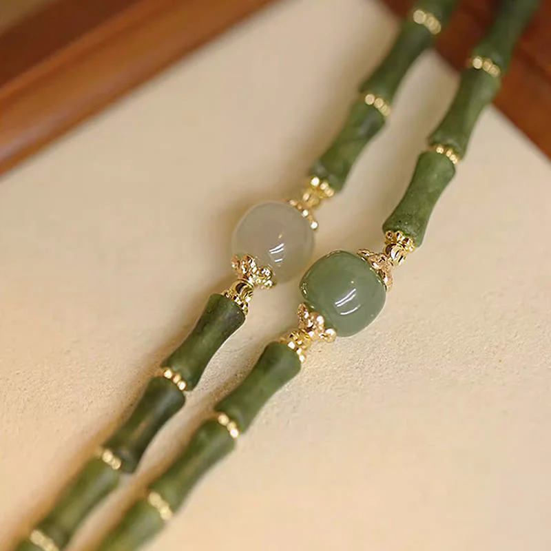 Braccialetto della fortuna con motivo di bambù in giada Hetian con peridoto placcato in rame 14K Buddha Stones - Image 11