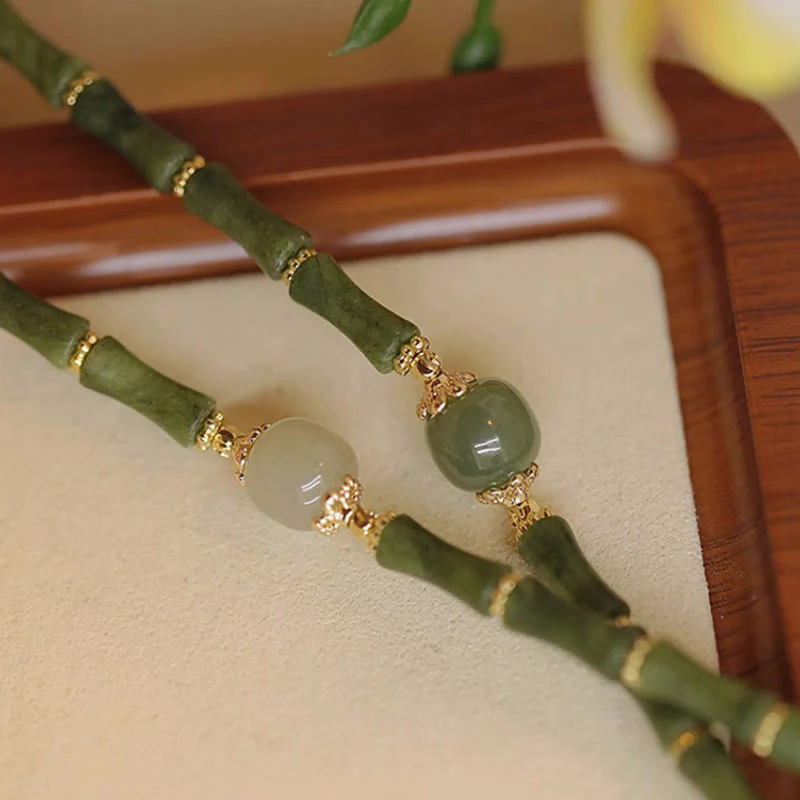 Braccialetto della fortuna con motivo di bambù in giada Hetian con peridoto placcato in rame 14K Buddha Stones - Image 2