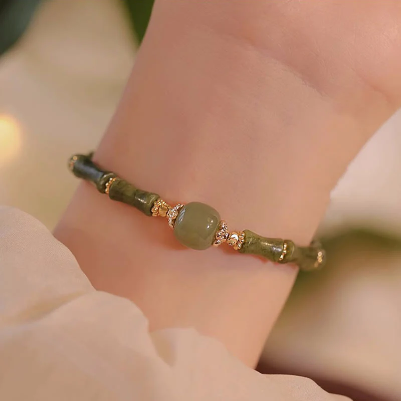 Braccialetto della fortuna con motivo di bambù in giada Hetian con peridoto placcato in rame 14K Buddha Stones - Image 3