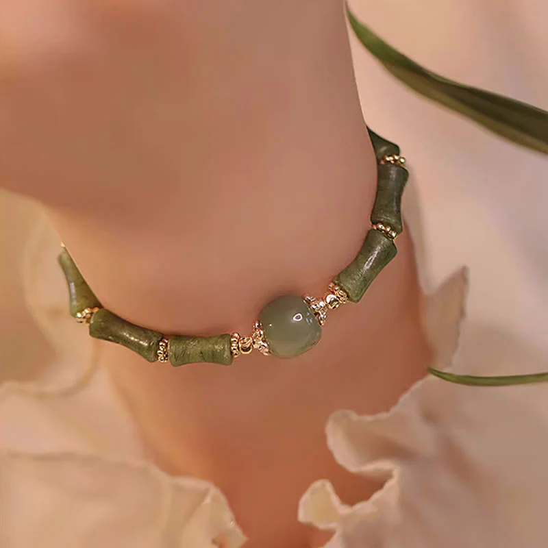 Braccialetto della fortuna con motivo di bambù in giada Hetian con peridoto placcato in rame 14K Buddha Stones - Image 4