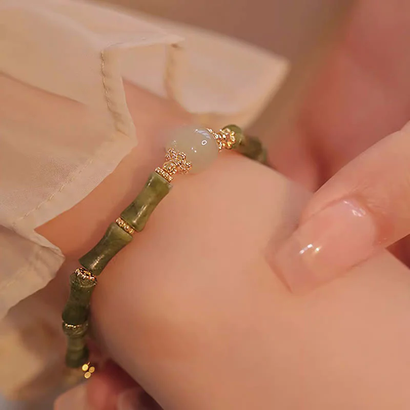 Braccialetto della fortuna con motivo di bambù in giada Hetian con peridoto placcato in rame 14K Buddha Stones - Image 7
