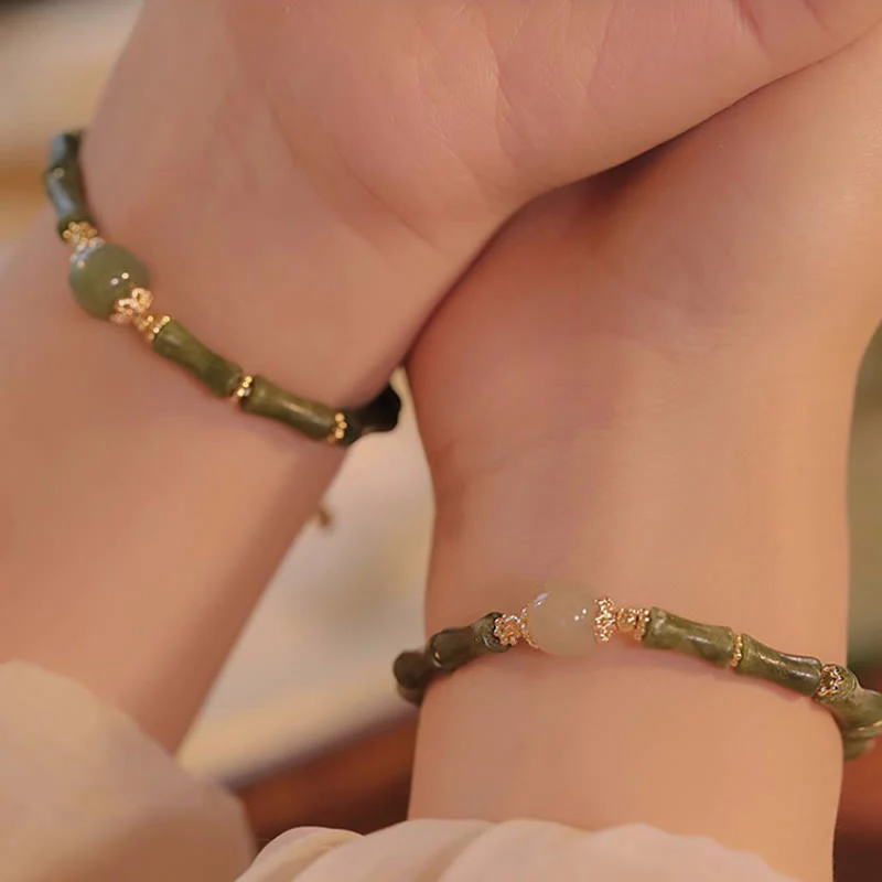 Braccialetto della fortuna con motivo di bambù in giada Hetian con peridoto placcato in rame 14K Buddha Stones - Image 9