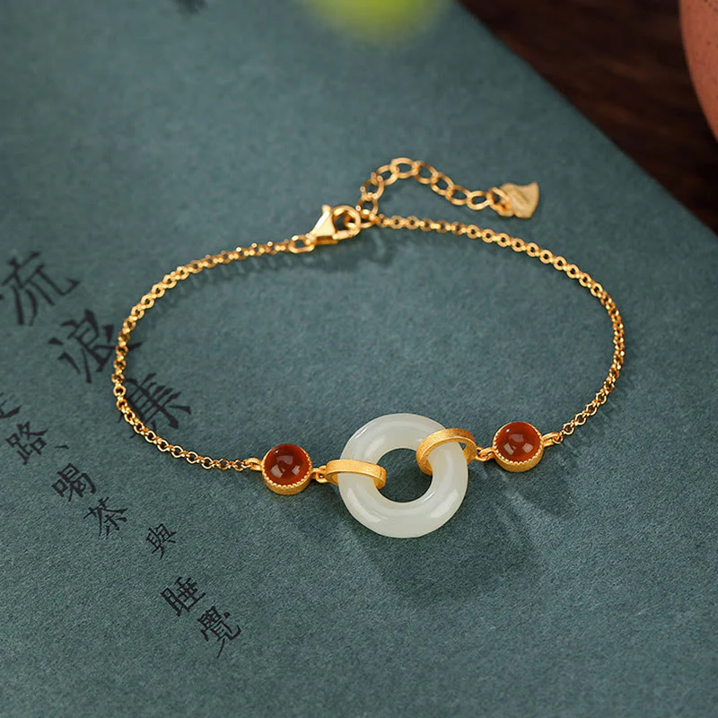 Braccialetto della fortuna in agata rossa con fibbia della pace in giada naturale Hetian, argento Buddha Stones 925 placcato oro