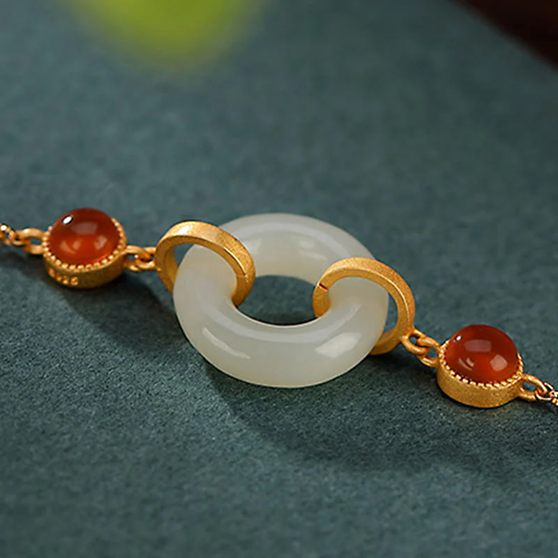 Braccialetto della fortuna in agata rossa con fibbia della pace in giada naturale Hetian, argento Buddha Stones 925 placcato oro - Image 4