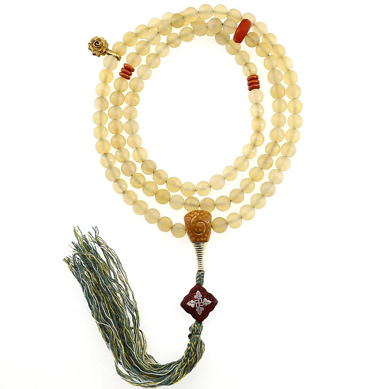 Braccialetto della fortuna in ambra e corno di pecora del Tibet con 108 perle di Mala Buddha Stones - Image 2