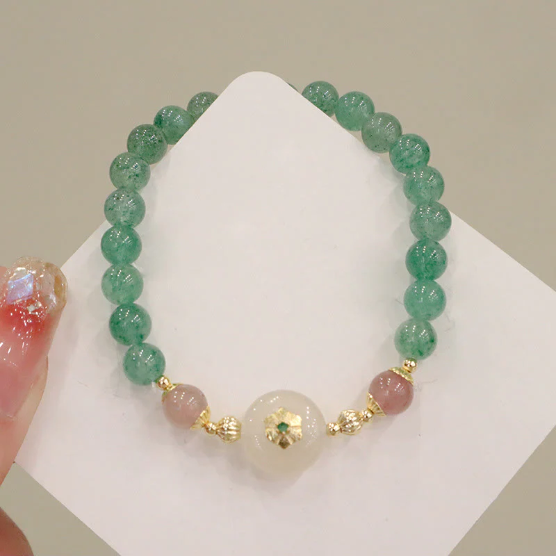 Braccialetto della gratitudine con fiore di calcedonio e quarzo fragola verde naturale Buddha Stones
