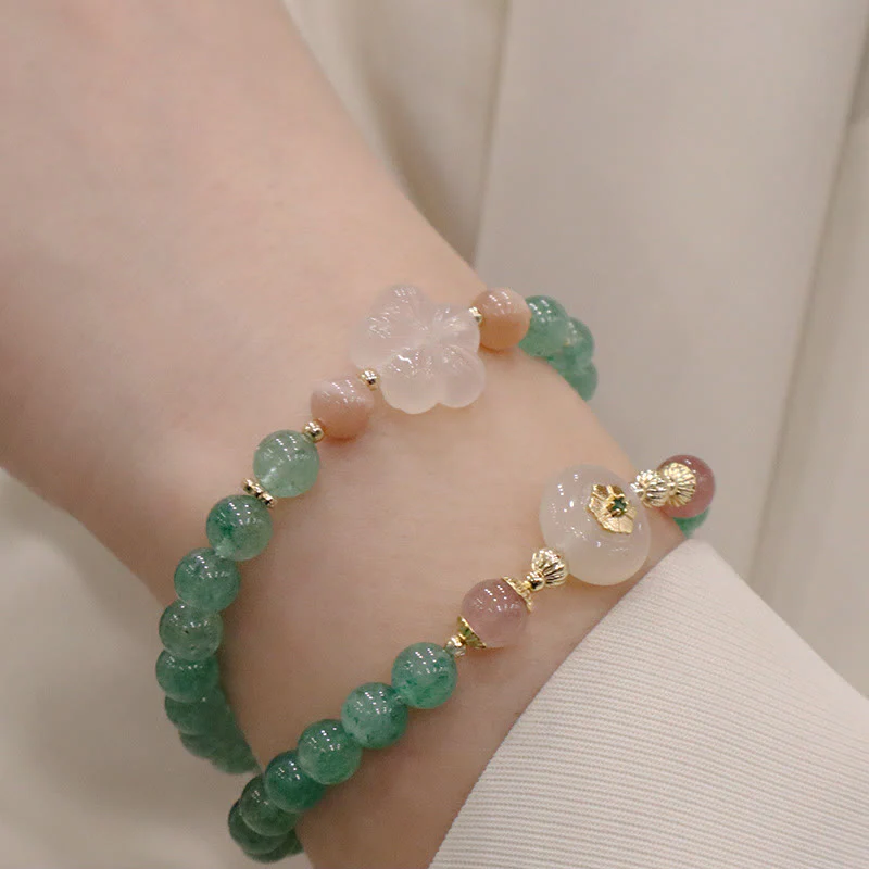 Braccialetto della gratitudine con fiore di calcedonio e quarzo fragola verde naturale Buddha Stones - Image 2
