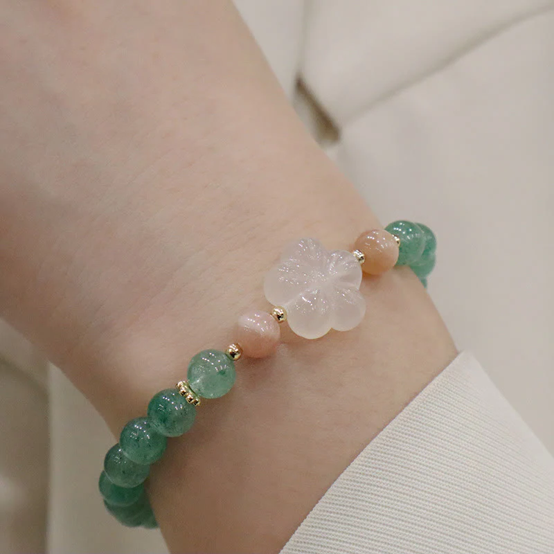 Braccialetto della gratitudine con fiore di calcedonio e quarzo fragola verde naturale Buddha Stones - Image 6