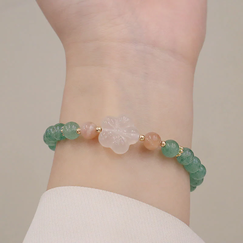 Braccialetto della gratitudine con fiore di calcedonio e quarzo fragola verde naturale Buddha Stones - Image 8